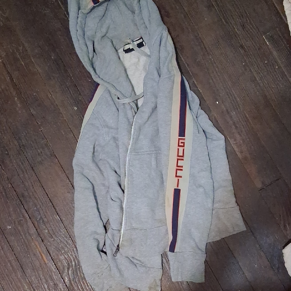 Gucci Gray Zip-Up Hoodie with Red and Blue Accents